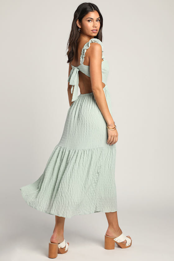 Dreamiest Darling Mint Smocked Tie-Back Tiered Midi Dress