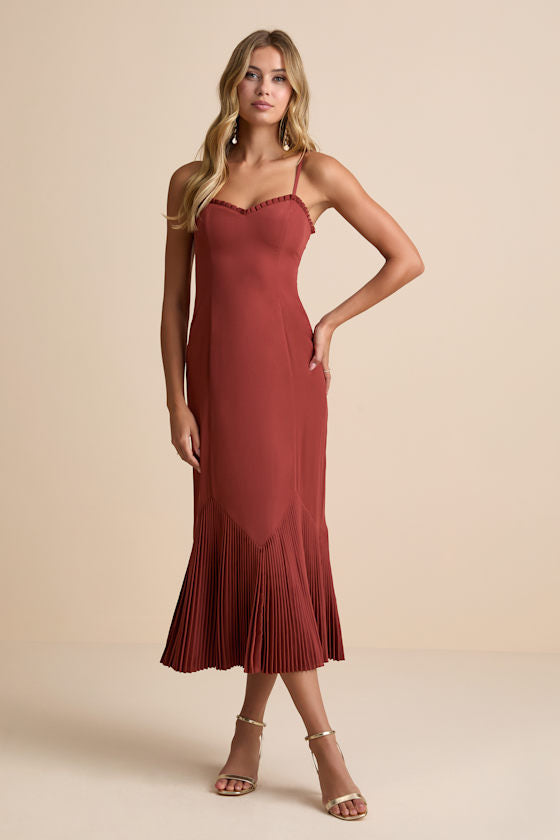 Channa Rust Red Pleated Hem Midi Dress