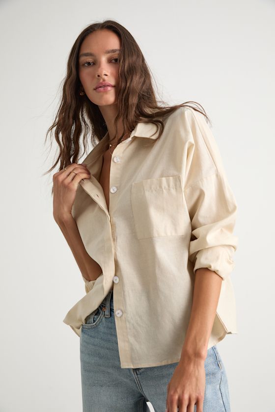 Amelia Dawn Beige Long Sleeve Button-Up Top