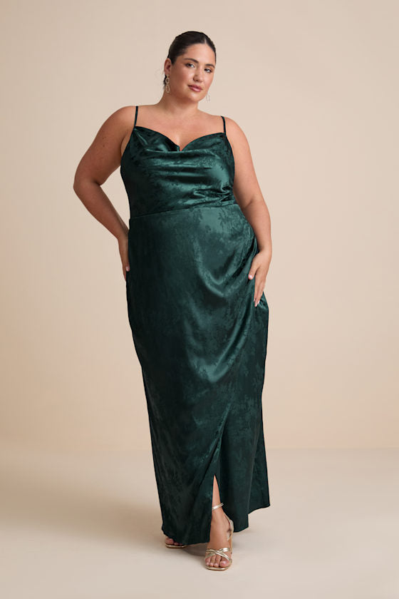 Under the Moonlight Emerald Green Satin Jacquard Maxi Dress