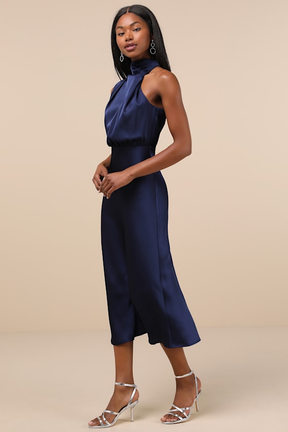 Distinctive Charm Navy Satin Asymmetrical Midi Dress