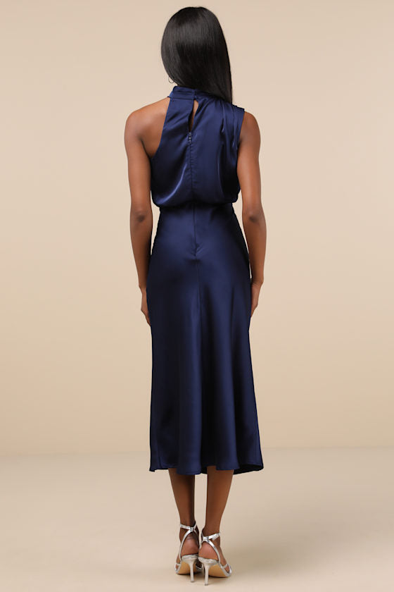 Distinctive Charm Navy Satin Asymmetrical Midi Dress
