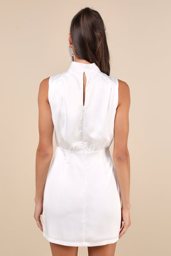 Classic Elegance White Satin Sleeveless Mock Neck Mini Dress