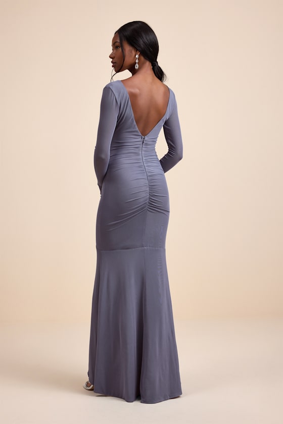 Georgina Slate Blue Jersey Knit Ruched Mermaid Maxi Dress