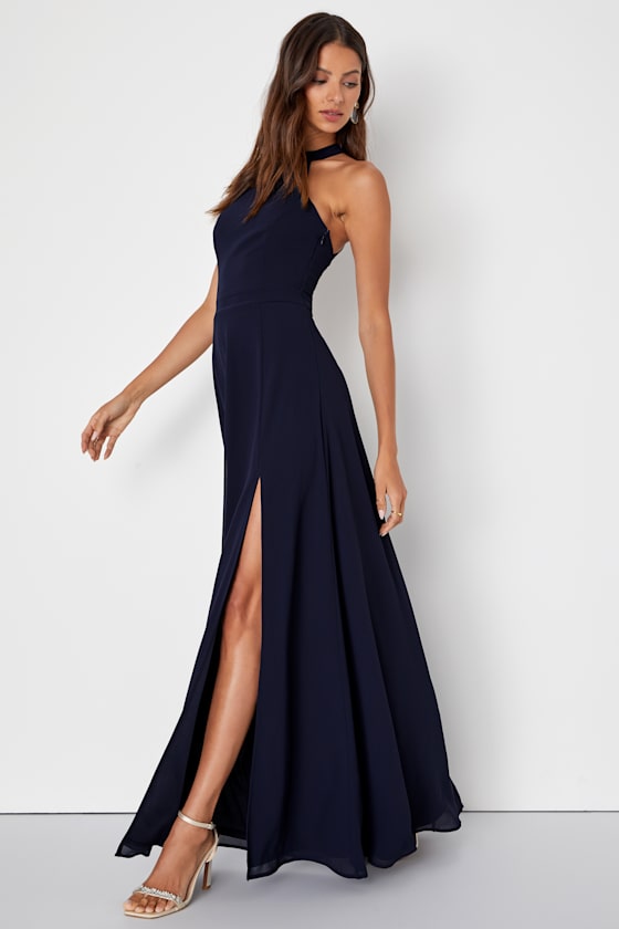 Confidently Charismatic Navy Blue Backless Halter Maxi Dress
