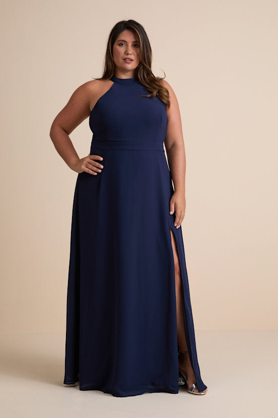 Confidently Charismatic Navy Blue Backless Halter Maxi Dress