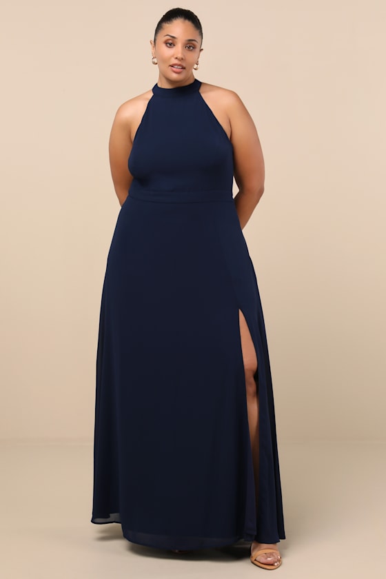 Confidently Charismatic Navy Blue Backless Halter Maxi Dress