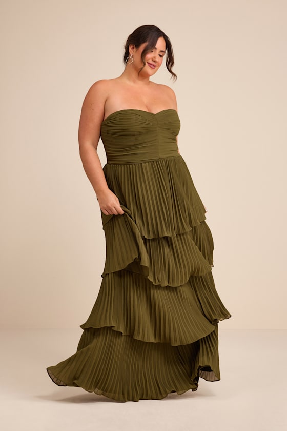 Seriously Sensational Olive Green Strapless Tiered Maxi Dress