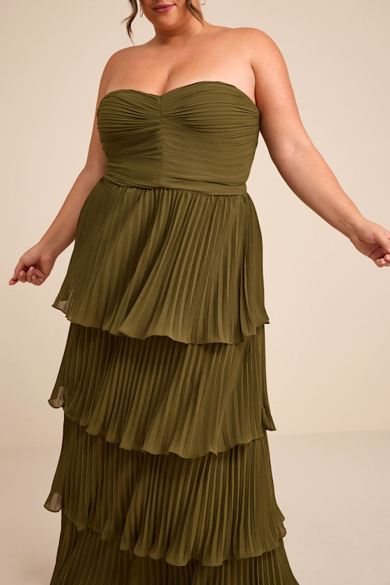 Seriously Sensational Olive Green Strapless Tiered Maxi Dress