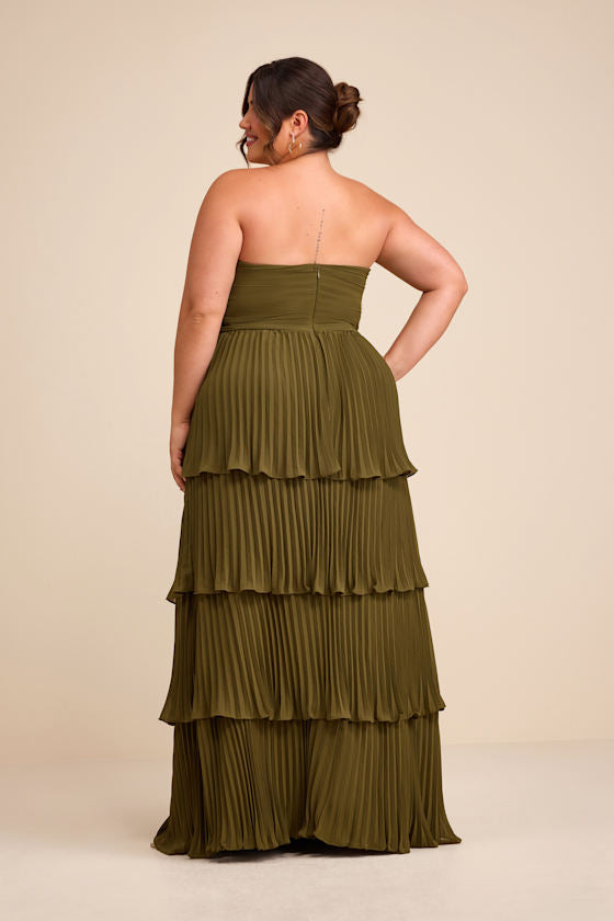 Seriously Sensational Olive Green Strapless Tiered Maxi Dress