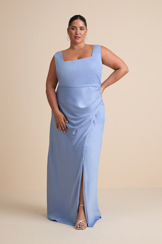Red Carpet Romance Light Blue Satin Square Neck Maxi Dress