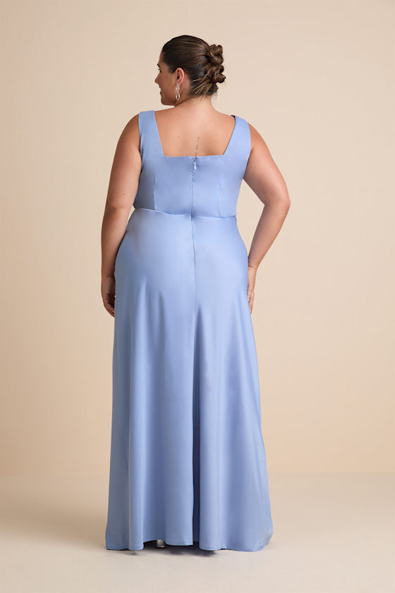Red Carpet Romance Light Blue Satin Square Neck Maxi Dress