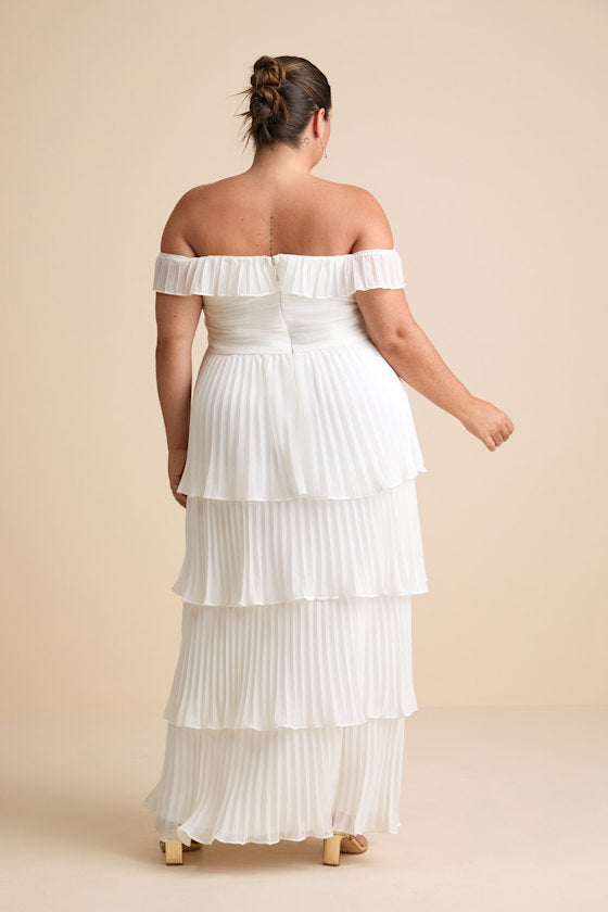 Always Remarkable White Pleated Off-the-Shoulder Maxi Dress