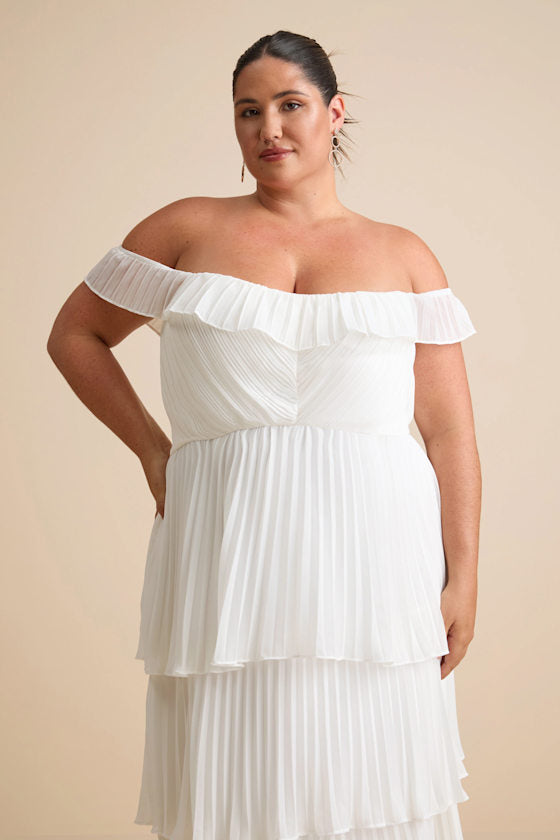 Always Remarkable White Pleated Off-the-Shoulder Maxi Dress