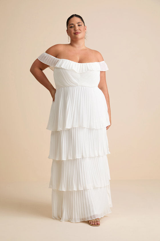 Always Remarkable White Pleated Off-the-Shoulder Maxi Dress