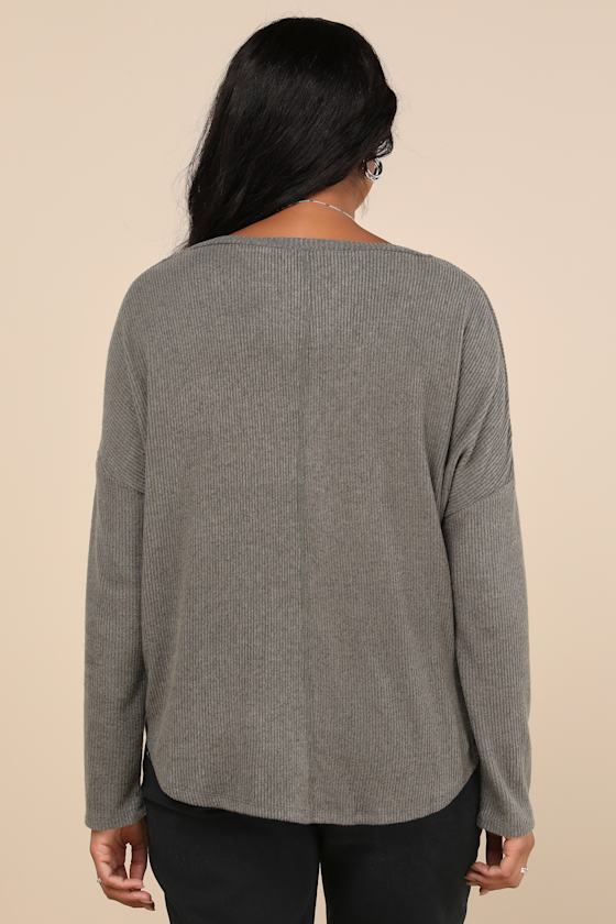 Just Vibing Olive Green Ribbed V-Neck Sweater Top