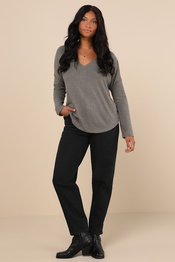 Just Vibing Olive Green Ribbed V-Neck Sweater Top