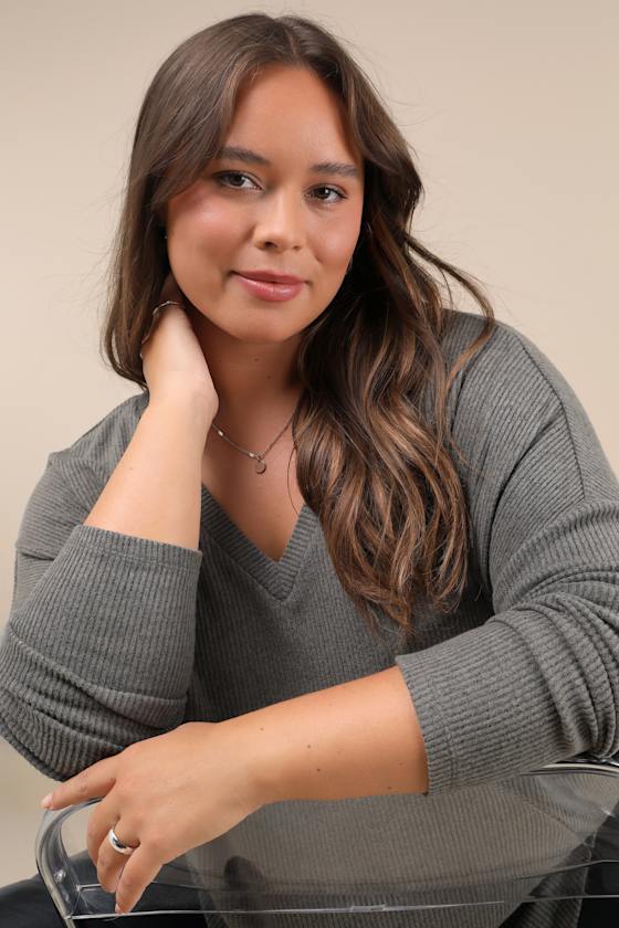 Just Vibing Olive Green Ribbed V-Neck Sweater Top