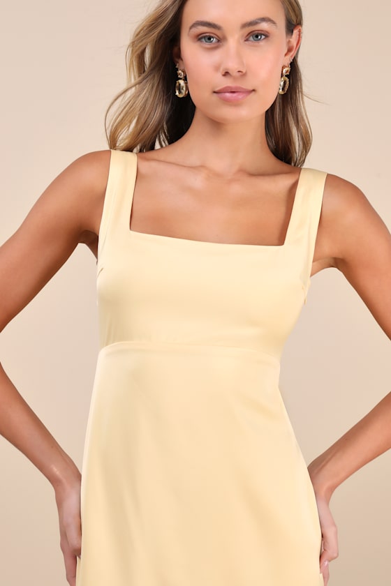 Truly the Cutest Light Yellow Satin Square Neck Mini Dress