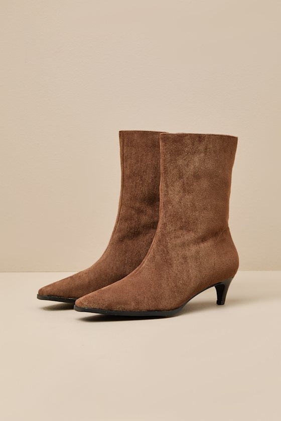 Carla Mocha Mousse Suede Kitten Heel Mid-Calf Booties