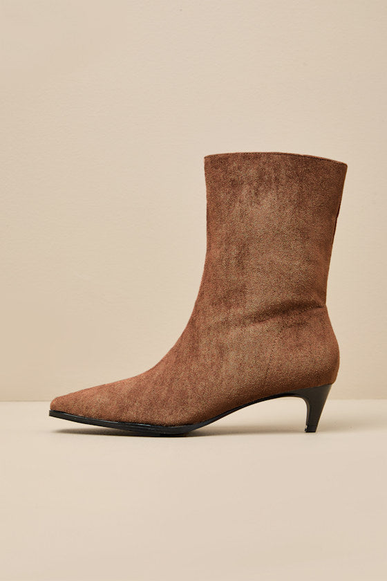 Carla Mocha Mousse Suede Kitten Heel Mid-Calf Booties