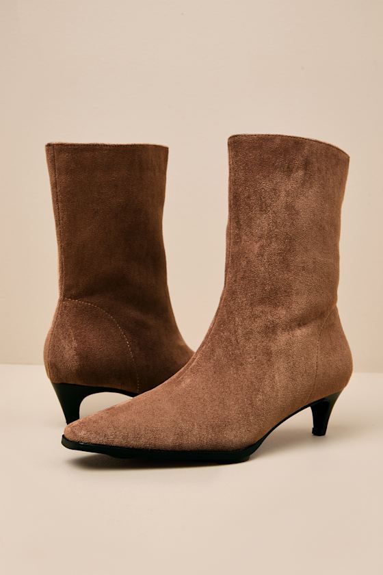 Carla Mocha Mousse Suede Kitten Heel Mid-Calf Booties