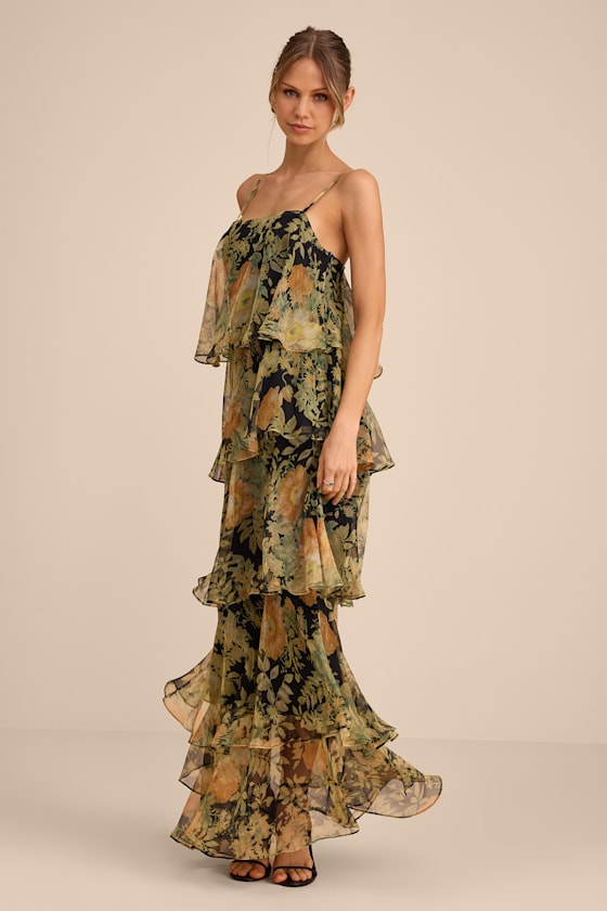 Malaia Black Multi Floral Tiered Maxi Dress