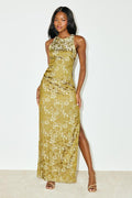 Lamila Chartreuse Floral Satin Column Maxi Dress