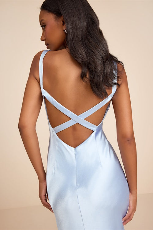 Perfectly Classy Light Blue Satin Strappy Maxi Dress