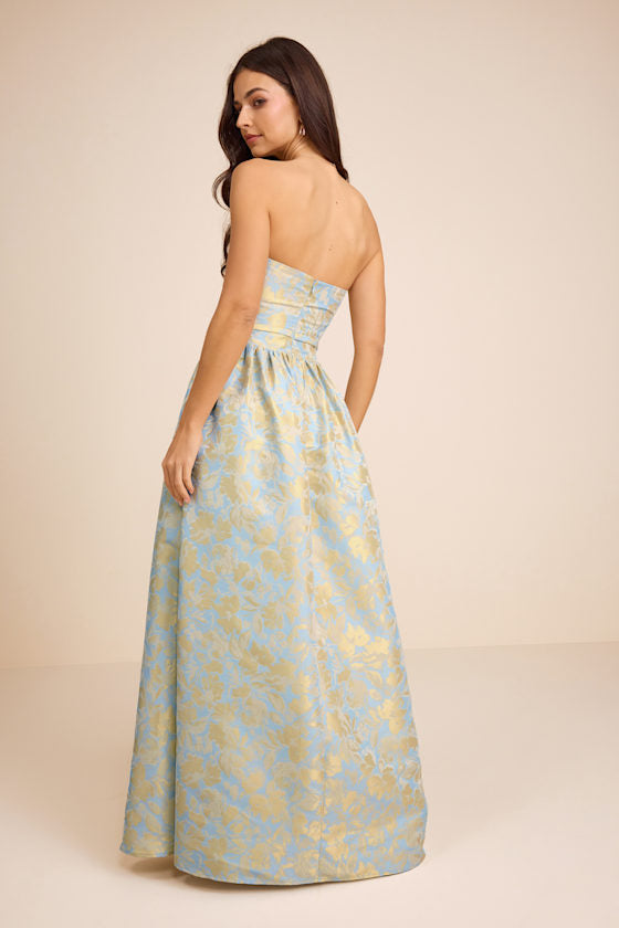 Bradshaw Light Blue and Yellow Floral Jacquard Maxi Dress