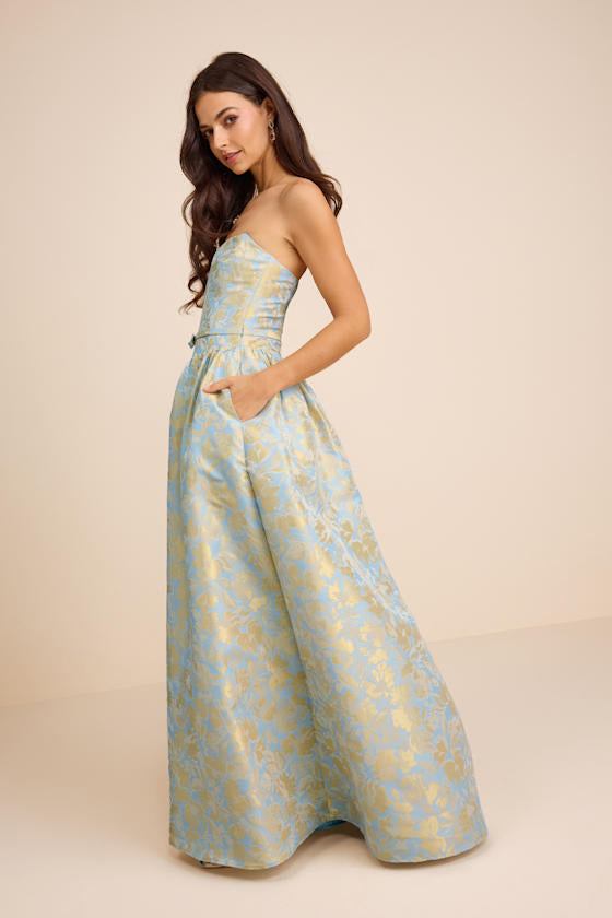Bradshaw Light Blue and Yellow Floral Jacquard Maxi Dress