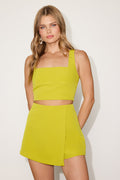 Exceptionally Styled Chartreuse Lace-Up Two-Piece Skort Romper