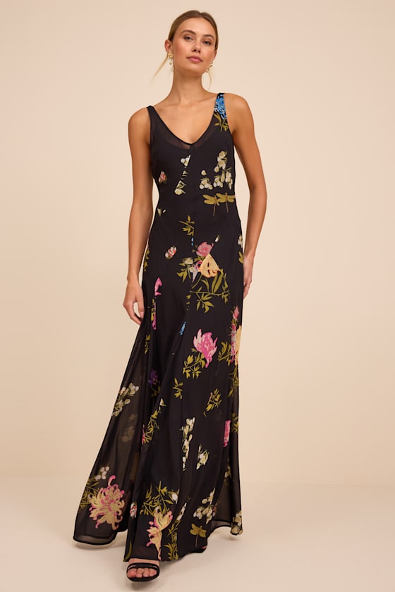 Ziyana Black Multi Floral Sleeveless Maxi Dress