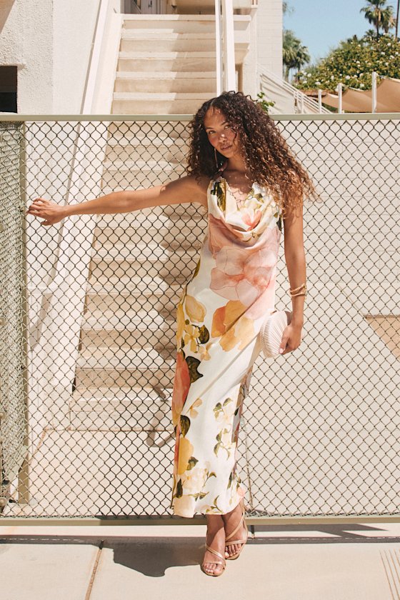 Diane White Multi Floral Cowl Maxi Dress