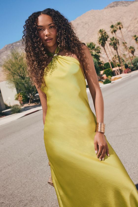 Lorissa Chartreuse Satin Halter Midi Dress