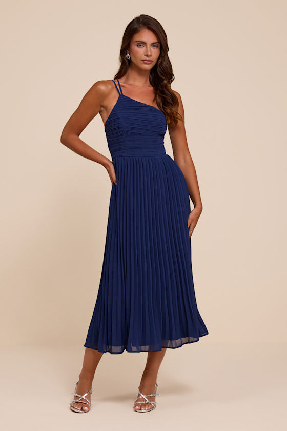 Wondrous Muse Dark Blue Pleated One-Shoulder Midi Dress