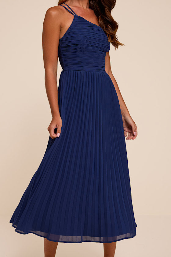 Wondrous Muse Dark Blue Pleated One-Shoulder Midi Dress
