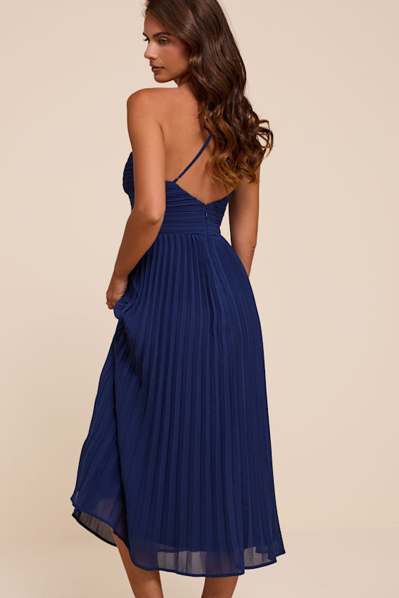 Wondrous Muse Dark Blue Pleated One-Shoulder Midi Dress