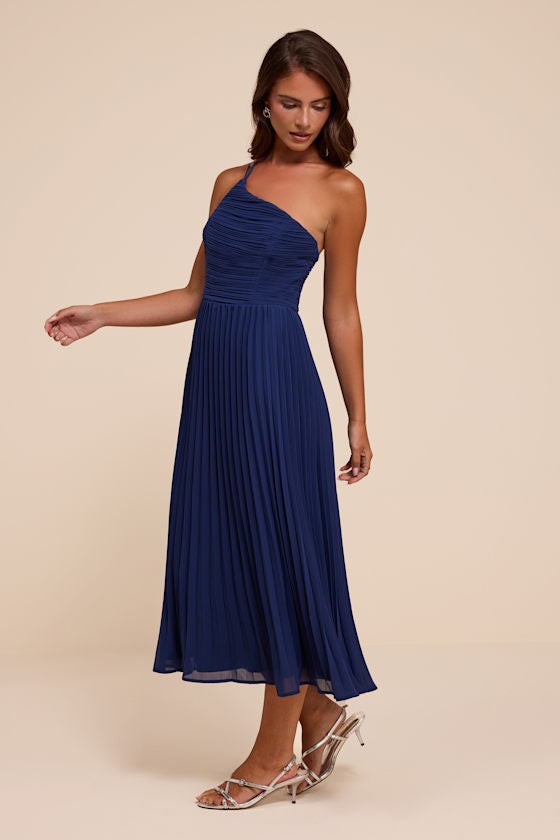 Wondrous Muse Dark Blue Pleated One-Shoulder Midi Dress