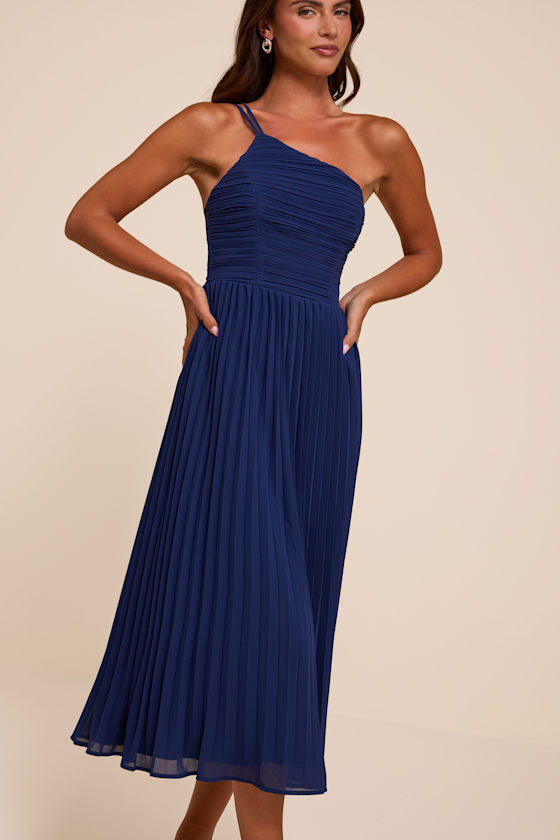 Wondrous Muse Dark Blue Pleated One-Shoulder Midi Dress