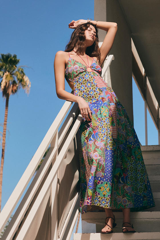Monica Multi Print Tie-Front Maxi Dress