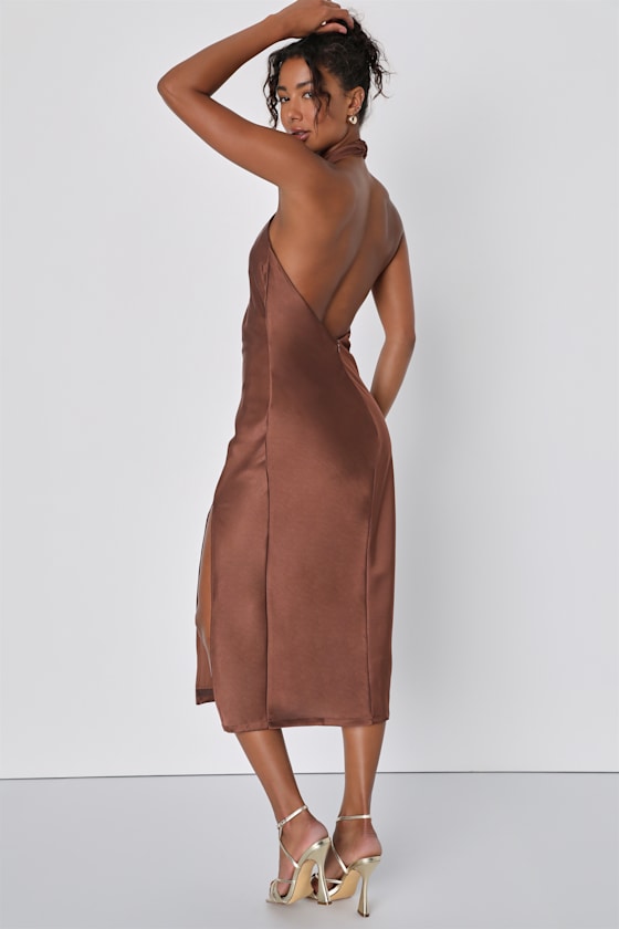 Beyond Classy Brown Satin Halter Midi Dress