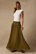 Liada Olive Pleated High-Waisted Maxi Skirt