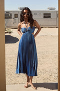 Aerin Blue Satin Pleated Cutout Midi Dress