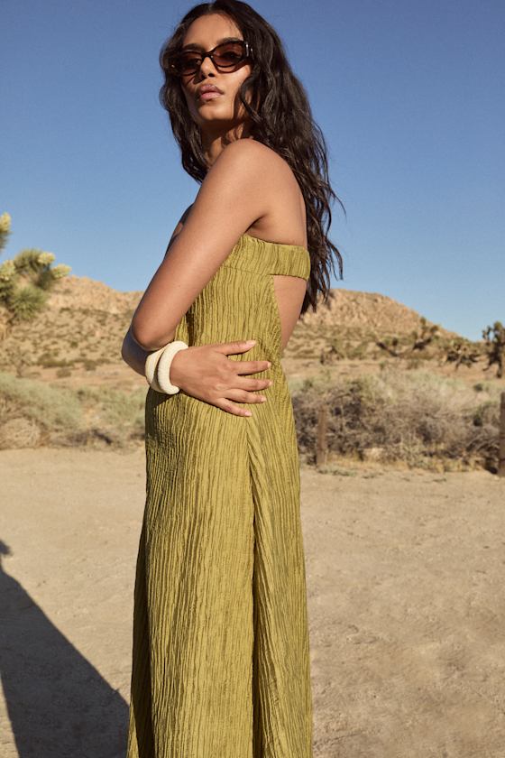 Radiant Season Olive Green Plisse Cutout Strapless Maxi Dress
