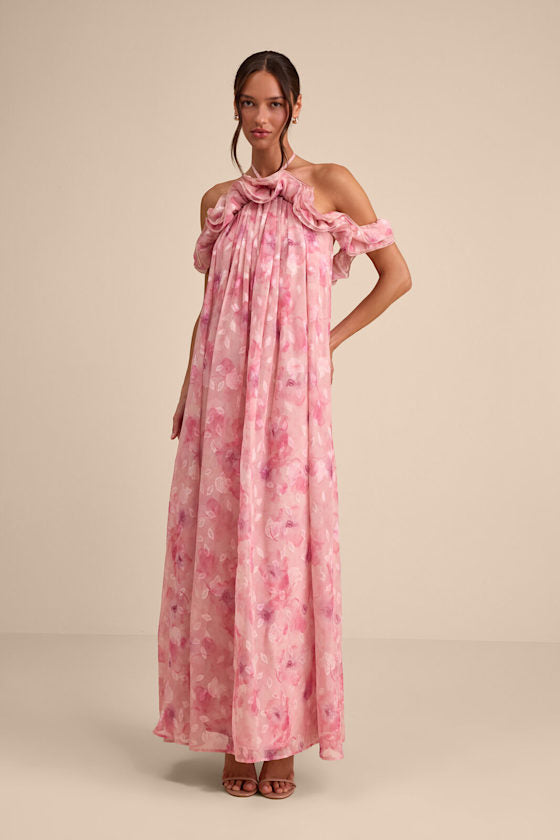 Amia Pink Floral Burnout Ruffled Shift Maxi Dress