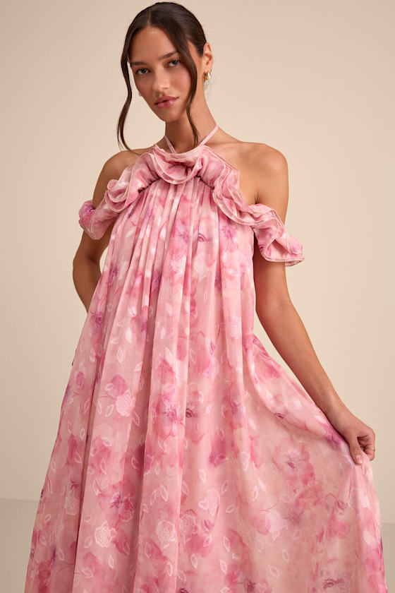 Amia Pink Floral Burnout Ruffled Shift Maxi Dress