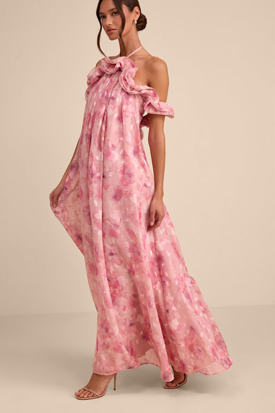 Amia Pink Floral Burnout Ruffled Shift Maxi Dress