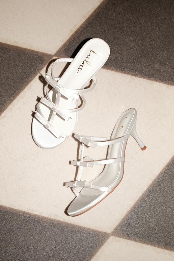Millie White Satin Strappy Bow High Heel Slide Sandals