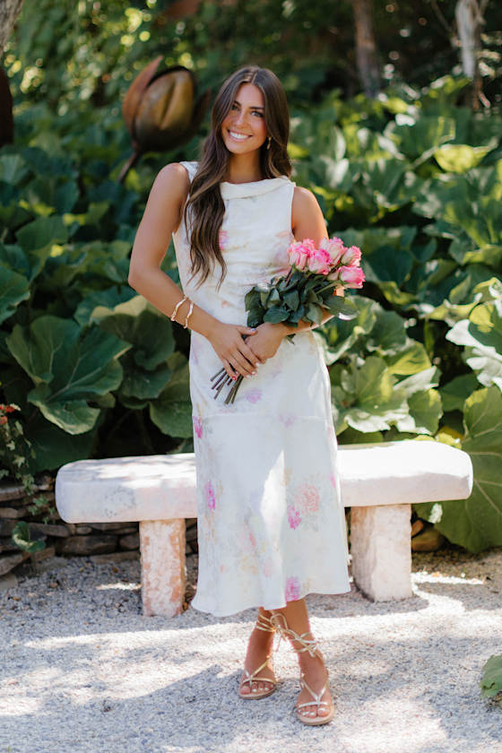 Elyse Ivory Floral Jacquard Satin Midi Dress